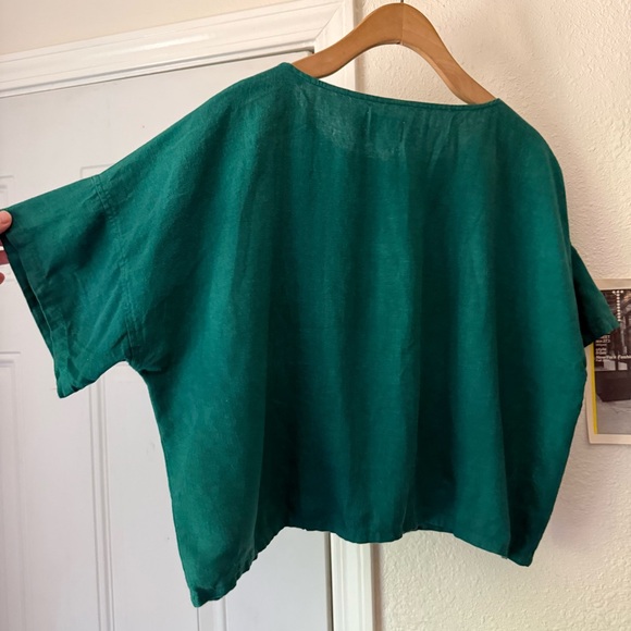 ME & ARROW teal green linen cotton boat neck boxy cropped short sleeve shirt top - Picture 3 of 6